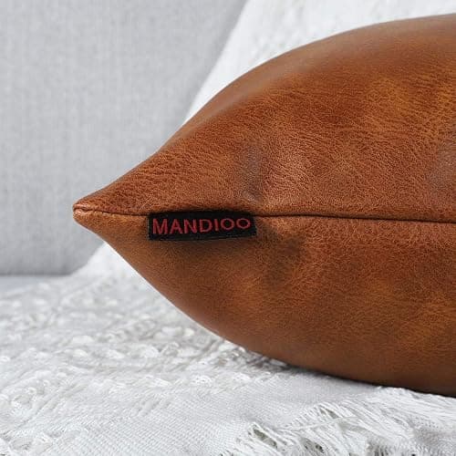 MANDIOO Set of 2 Faux Leather Decorative Throw Pillow Covers Modern Solid Outdoor Cushion Cases Luxury Pillowcases for Couch Sofa Bed 18x18 Inches Brown thumbnail 4