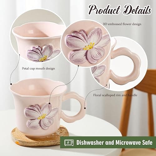 LGQ Cute Floral Coffee Mug Set of 4-12oz Ceramic Flower Embossed Cups with Petal Handles, Dishwasher and Microwave Safe thumbnail 5