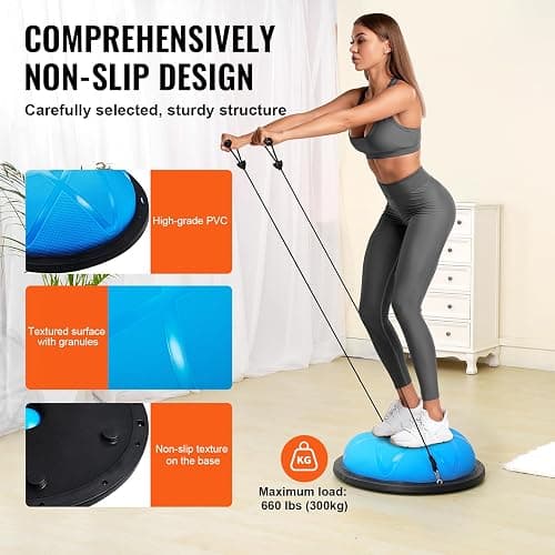 VEVOR Half Exercise Ball Trainer, 23/26 inch Balance Ball Trainer, 1500lbs Capacity Stability Ball, Yoga Ball with Resistance Bands & Foot Pump, Strength Fitness Ball for Home Gym Full Body Workout thumbnail 4