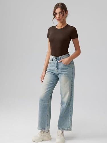 OQQ Women's Crew Neck Short Sleeve Bodysuit Ruched Stretch Vacation Basic for Tops Spring & Summer thumbnail 5