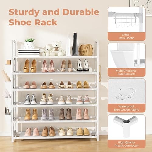 LANTEFUL 6 Tier Shoe Rack Storage for 24-30 Pairs Shoe and Boot, Shoe Organizer with Hook and Side Pocket Free Standing Long Shoe Shelf Tall Shoe Rack Organizer for Closet, Entryway, Dorm, White thumbnail 4