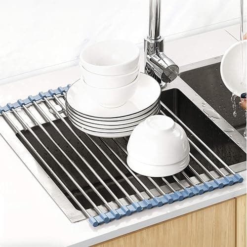 MECHEER Over The Sink Dish Drying Rack, Roll Up Dish Drying Rack Kitchen Dish Rack Stainless Steel Sink Drying Rack, Foldable Dish Drainer, 17.5''x11.8'' thumbnail 2