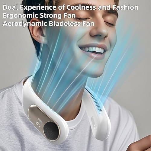 Namecute Portable Neck Fan, Personal Wearable Bladeless Fan for Outdoor Indoor, LED Display, 360° Cooling, 4-Speeds, 6000mAh USB Rechargeable, Birthday Gifts for Men Women Dad Mom (White) thumbnail 7