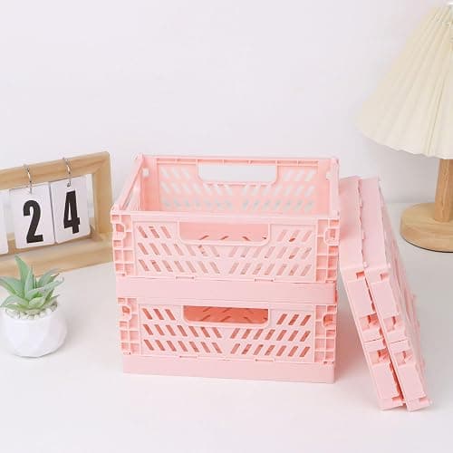 4-Pack Pink Baskets Plastic Storage Crate Small Baskets for Organizing Collapsible Storage Crates for Desk Organizers,Stackable Cute Storage Bins for Classroom,Office,Bathroom 5.9"x 3.9" x 2.3" thumbnail 2