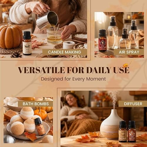 Auelife Fall Essential Oils Set for Diffusers for Home, 6x10ml Fall Scents | Autumn Scented Oils with Pumpkin Spice, Vanilla, Apple Cider, Maple Butter for Candle Making, Soap Making, Holiday Gift Set thumbnail 3