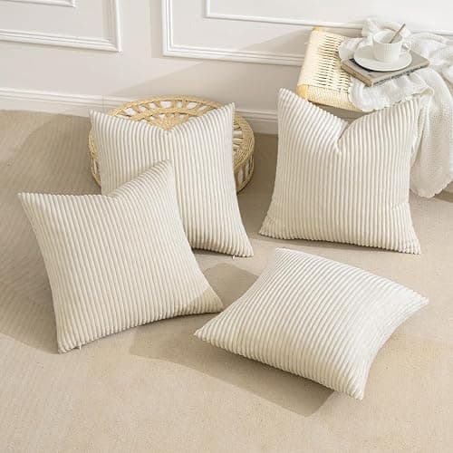 MIULEE Boho Farmhouse Throw Pillow Covers 18x18 Inch Set of 4 Mordern Nordic Cushion Covers Soft Corduroy Spring Home Decor for Couch Bed Sofa Living Room Cream White thumbnail 4