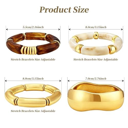 FUNOJOY Gold Open Cuff Bracelet with 3 Elastic Resin Bangles for Women – Stackable Statement Jewelry Set, Comfortable Fit, Gift for Her thumbnail 4