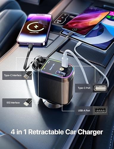Retractable Car Charger with Starlight, 66W Starlight in Car roof 4 in 1 Retractable Car Phone Charger Adapter, Fast Charging USB C Cable, Compatible with iPhone 17/16/15/14/13/12 thumbnail 4