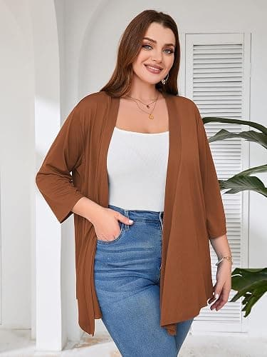 AusLook Women's Plus Size Lightweight Open Front Cardigan 3/4 Sleeve Cover Ups Shrugs Shawls and Wraps Kimono Jacket Coat thumbnail 6