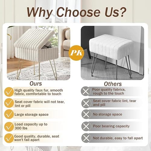 EBENCHICO Vanity Stool Chair with Storage, Faux Fur Stools for Vanity | Makeup Ottoman, Foot Stool, with 4 Metal Legs, Adjustable Feet, Small Vanity Bench, for Living Room Bedroom, White thumbnail 3