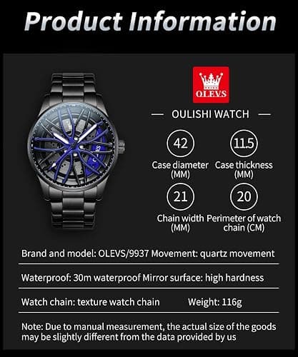 OLEVS Watches for Men Skeleton Quartz Racing Car Wheel Stainless Steel Casual Sports Waterproof Luminous Mens Watches thumbnail 6