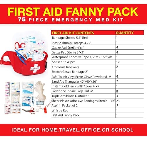 Primacare KB-8005 First Aid Fanny Pack, 8x2x6 Stocked with 75 Pieces Emergency Medical Supplies, Lifeguard Waist Travel Bag with 3 Pockets, Red thumbnail 5