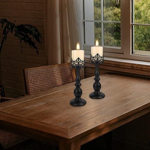 Candle Holders for Pillar Candles Gothic Matte Black Vintage Tall Candle Holders Set of 2 Decorative Large Table Centerpieces Candle Stand Decor (Black 2PCS A) thumbnail 2