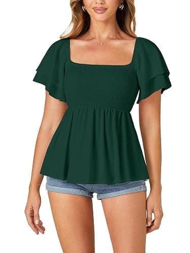 LYANER Women's Square Neck Casual Peplum Top | Summer Ruffle Smocked Short Sleeve Ruched Flowy Babydoll Dressy Blouse Shirts thumbnail 5
