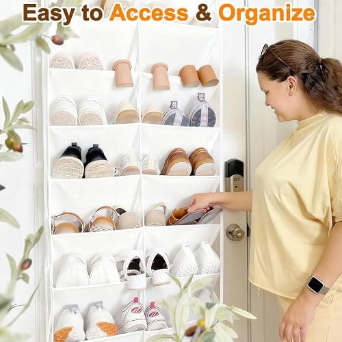 UVIAHOMI 20-30 Pairs Over the Door Shoe Organizer, Clear Pockets Hanging Shoe Storage for Closet, 10-Tier Door Shoes Rack, Handing Shoes Holder Fit All the Family's Sneakers, Boots, Heels, White thumbnail 5