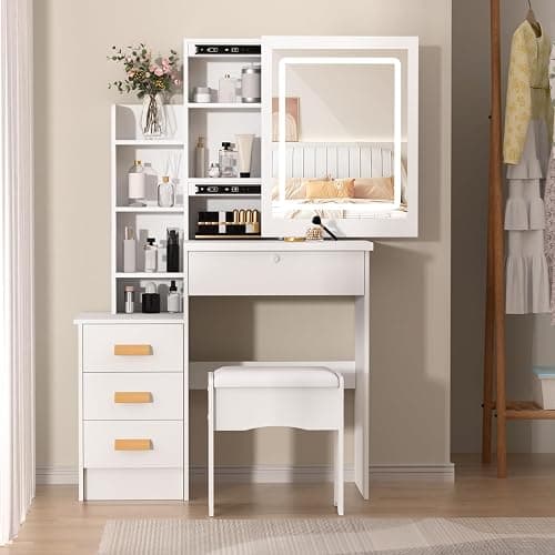 Wilitto Vanity Desk,Makeup Vanity with Sliding Mirror and Lights, Bedroom Dressing Table, Makeup Table with 4 Drawers & 7 Shelves, Hidden Storage Space White thumbnail 5