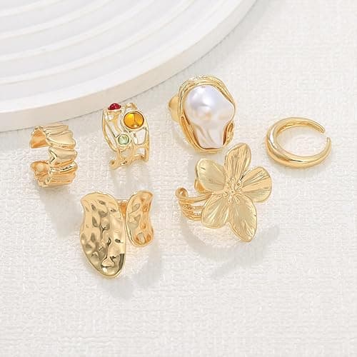 Otxas Chunky Rings for Women Adjustable Statement Rings Baroque Pearl Flower Ring Stackable Rings Set 6Pcs Chunky Jewelry thumbnail 5