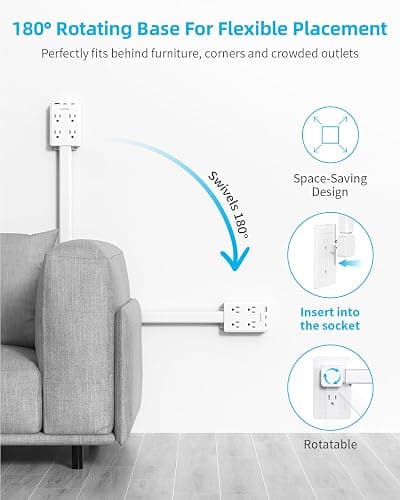 Electrical Outlet Extender Stick with USB Ports(2 USB C), 180° Rotating Extendable Wall Plug with 4 AC Outlet, Adjustable 17.7"-27" Extendable Power Strip Stick for Behind Couch, Desk and Bed thumbnail 3