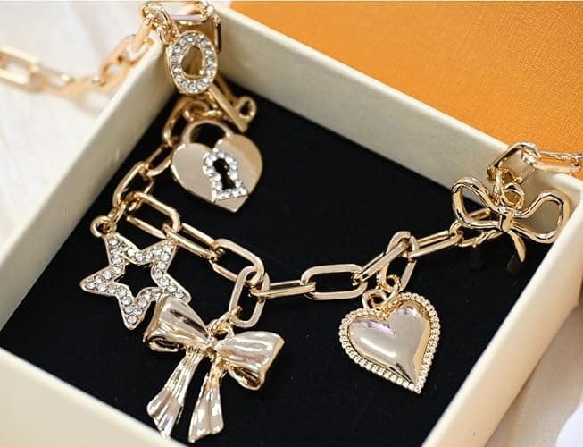 OTEEGX Gold Charm Necklaces for Women, 18K Gold Plated Bow Pendant Necklace Gold Heart Chain Aesthetic Star Jewelry thumbnail 5