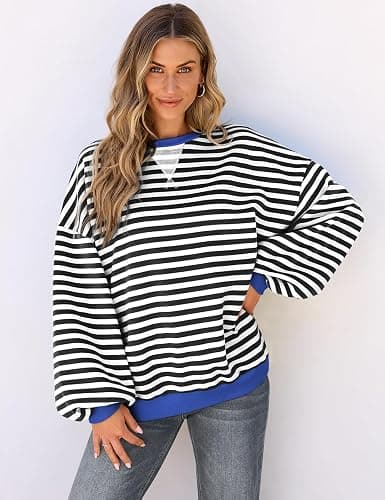 UEU Women Oversized Striped Crewneck Sweatshirt Long Sleeve Color Block Pullover Tops Casual Loose Workout Shirt thumbnail 2