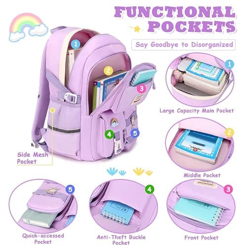 MUSEVOS Kawaii Girls Backpack for School with Convertible Shoulder Tote Bag，Cute Teenage Multiple Pockets Backpack for Primary Elementary High School, Purple 3 Pcs Set thumbnail 4