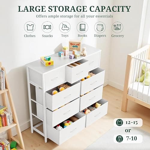 9-Drawer Dresser for Bedroom, Anti-Tip Tall Storage Organizer Chest of Drawers with Wooden Top and Metal Frame Fabric Bins for Closet, Living Room, Hallway, Entryway, White thumbnail 5