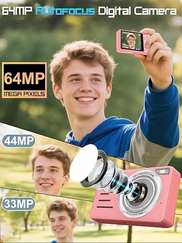AIRSMIL Digital Camera 4K 64MP 18X Zoom Compact Vlogging Camera with 2.8 inch Screen, 64GB microSD Card 1500mAh Battery HD Digital Video Camera for Boys, Girls, Teens, and Beginners(4K Camera Pink) thumbnail 2