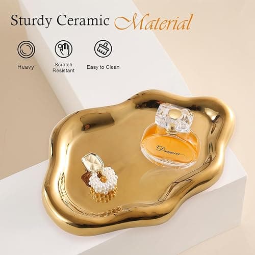 CCINPPY Ceramic Jewelry Tray Trinket Dish, Decorative Cloud Vanity Key Tray for Women, Ring Holder Dish, Cute Jewelry Plate Bowl Room Decor Aesthetic, Gold, Medium thumbnail 5
