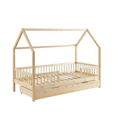 BAÏTA Lit enfent cabane Tiny pin Massif 90x190 sommier + tiroir Inclus - Avec tiroir - 90x190 - Naturel - Image 1