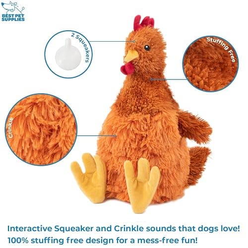 Best Pet Supplies Interactive Squeaky Dog Chew Toy, Ideal Dog Toys for Chewers, Small, Medium & Large Dogs, and Fetch Lovers - Crinkle Chicken (Brown), Large thumbnail 2