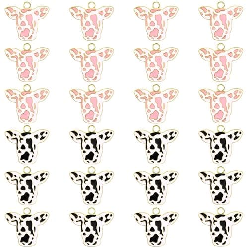 Junkin 24 Pieces Cow Charms Pendants Metal Enamel Cute Cow Charms Pendants Metal Animal Jewelry Making Earrings Necklace for Thanksgiving Christmas Gift Keychain DIY Crafts, 2 Colors - Image 1