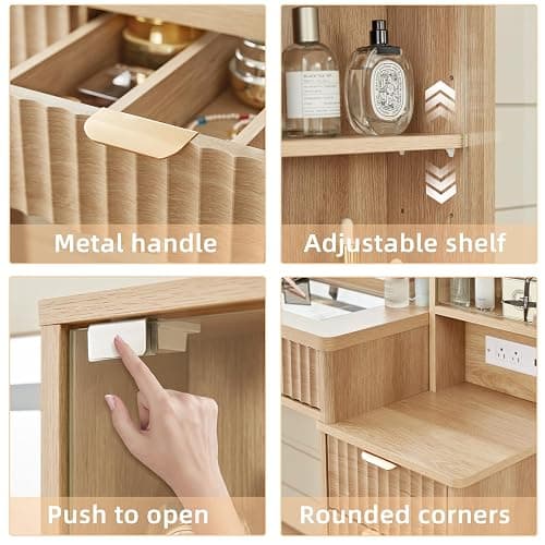 LEYAOYAO Vanity Desk with Mirror and Lights, 43.5'' Fluted Makeup Vanity with 6 Drawers and Adjustable Shelves, Natural Wood Make Up Vanity Dressing Table with Glass Top and Power Outlet for Bedroom - Natural Wood thumbnail 8
