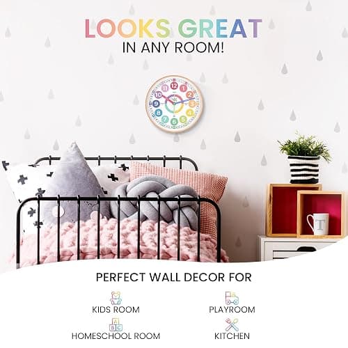 Oyster&Pop Pastel Kids Learning Clock – Award-Winning 10" Silent Non-Ticking Analog Wall Clock for Classroom & Kids Bedroom – Cute Colorful Decor & Educational Tool – Includes Teaching Time E-Book thumbnail 5