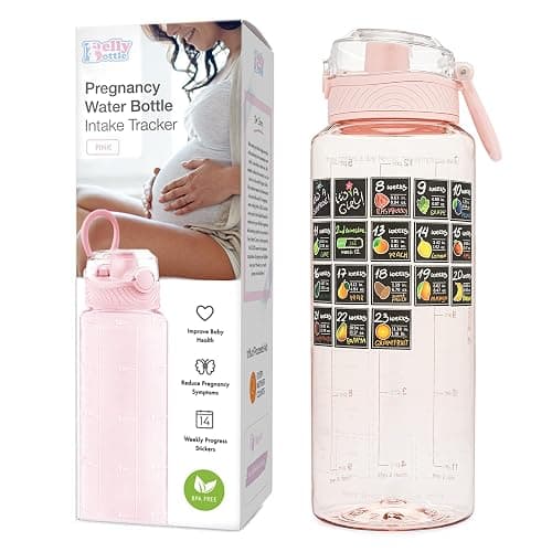 BellyBottle Pregnancy Water Bottle Tracker – Pregnancy Must Haves – Pregnancy Gifts for Expecting Mom – Pregnancy Essentials Nausea Relief – Weekly Stickers + Straw + BPA Free + Pink - Image 1