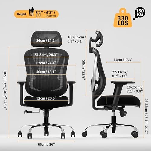 HOLLUDLE Ergonomic Mesh Office Chair - 3D Adjustable Lumbar Support & 3D Armrests, V-Shaped Back, Adjustable Desk Chair for Office & Home, Black thumbnail 2