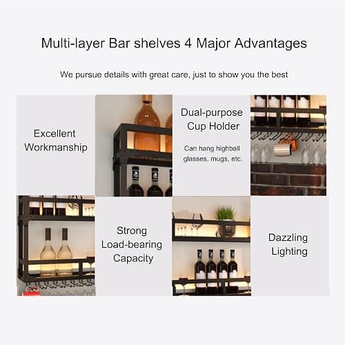Metal Bar Shelves Wine Rack Wall Mounted Liquor Bottle Display Shelf with Wine Glass Rack and LED Light Kitchen Racks for Wine Bottles Floating Bar Mini Bar for Home Bar Restaurant Cafe Kitchen(Black, thumbnail 5