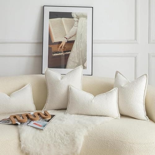 Mandioo Pack of 2 Cushion Covers 40cm x 40cm Decorative Accent Solid Woven Textured Throw Pillow Covers cases Bedroom Living Room Couch Sofa Home 16 x 16 Inch Cream white thumbnail 3