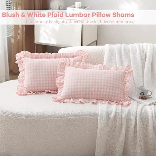 K MASANIJI 2 Pack Blush White Plaid Ruffle Gingham Lumbar Throw Pillow Covers, 100% Washed Cotton Checkered Girls Lovely Farmhouse Decorative Throw Pillow Shams for Bed/Sofa Zipper Closure- 20''x12'' thumbnail 2