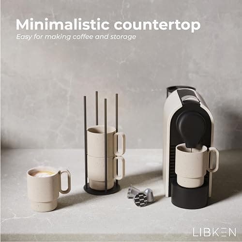 Stackable Coffee Mug Set with Black Stand - 4x8oz Ceramic Mugs with Unique Sprinkled Optics - Powder Coated Metal Rack - Dishwasher-Safe - Microwave & Oven - Scandinavian Minimal Design thumbnail 2