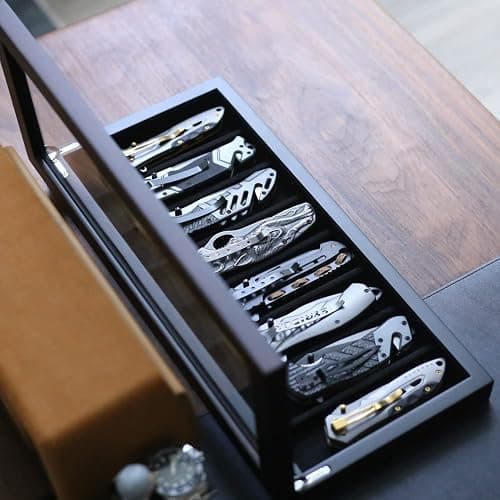 Besforu Knife Display Case Organizer storage 8 pocket knives, Folding Knife Holder with Real Glass Window Top， Pocket knife collection box for men gift (Ebony Veneer 8 slot) thumbnail 7
