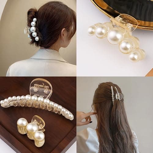 Mehayi 4 PCS Large Pearl Hair Claw Clips for Women Girls, Hair Barrette Clamps for Thick Thin Hair, Fashion Hair Accessories Headwear Styling Tools for Party Wedding thumbnail 3