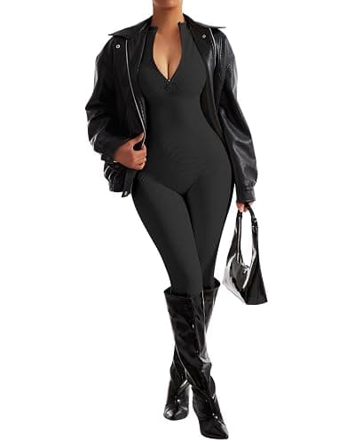 SUUKSESS Women Long Sleeve Ribbed Jumpsuit Zip up Front Workout Bodycon Romper thumbnail 4