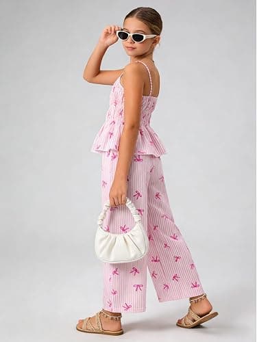 Cakaner Tween Girls Clothes Summer 2 Piece Outfit Set Ruffle Cami Top Wide Leg Pants with Pockets Size 8-13 thumbnail 4