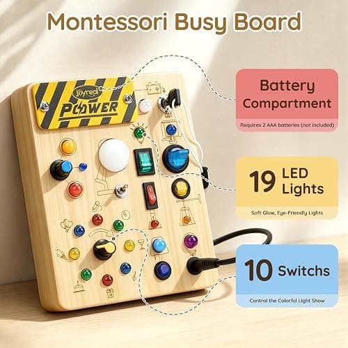 Joyreal Busy Board for Toddlers - Montessori Toys for 1 2 3 Year Old | Wooden Sensory Activity Board with 10 Switches & 19 Lights, Ideal Educational Travel Toy Gift for Boy & Girl Birthday thumbnail 3