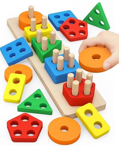 PEBIRA Montessori Toys for 1 to 3-Year-Old Boys Girls Toddlers, Wooden Sorting & Stacking Toys for Toddlers and Kids Preschool, Educational Color Recognition Shape Sorter, Learning Puzzles Gift - Image 1
