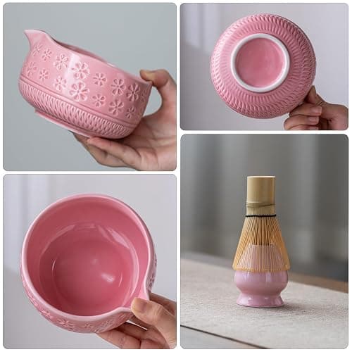 Buucup Matcha Whisk Set, Ceramic Matcha Kit Set Includes Matcha Bowl, Matcha Whisk and Holder, Bamboo Scoop, Scoop Rest, Sifter and Tea Towel - 7 Pcs Matcha Kit for Matcha Lovers (Pink) thumbnail 5