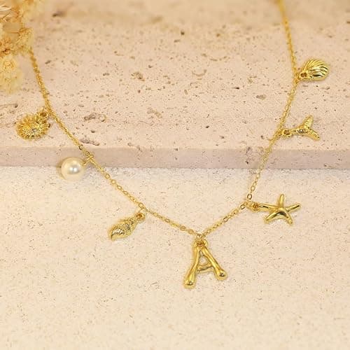 JALZEMPL Initial Charm Necklace For Women Shell Letter Necklaces Gold Charms Pendant Boho Summer Seashell Beach 14k Starfish Surfer Jewelry Gifts - Style2 - C thumbnail 4