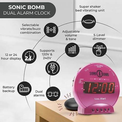 Sonic Alert Sonic Bomb Dual Alarm Clock with Bed Shaker, Pink Vibrating Alarm Clock for Heavy Sleepers, Battery Backup | Wake with a Shake thumbnail 4