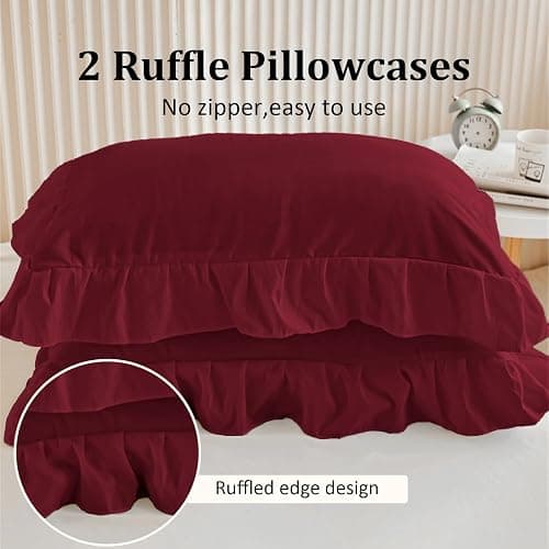 Burgundy Bedding Sets Ruffle Frills Duvet Cover with Zipper Closure Soft Breathable Microfiber Duvet Cover Set Double 200 x 200 cm thumbnail 4