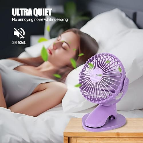 Portable Clip Fan Battery Operated,3 Speeds USB Rechargeable Mini Table Fan with Strong Airflow,360°Rotation Ultra Quiet Personal Desk Fan for Home Office Bedroom Dorm Stroller Camping(Purple) thumbnail 7